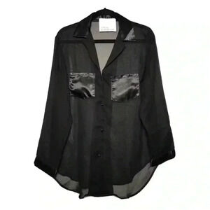 Local European Oversized Long Sleeve Sheer Button Down Blouse In Black Size S